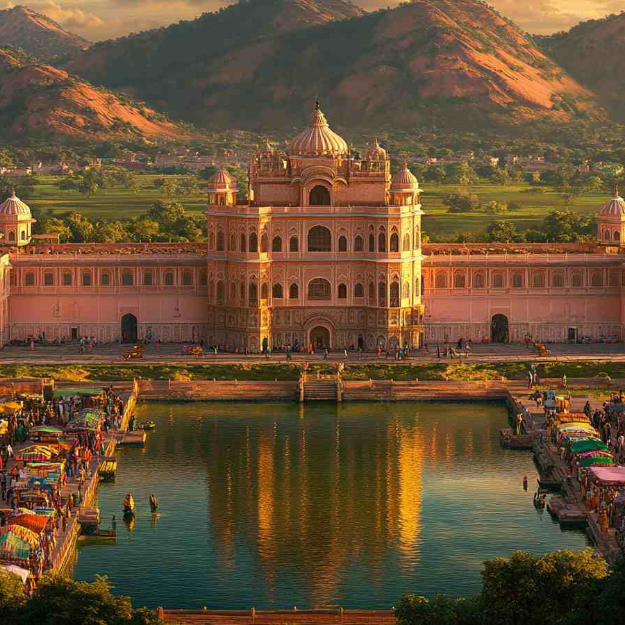 Lake palace scene in India – colorful travel holiday